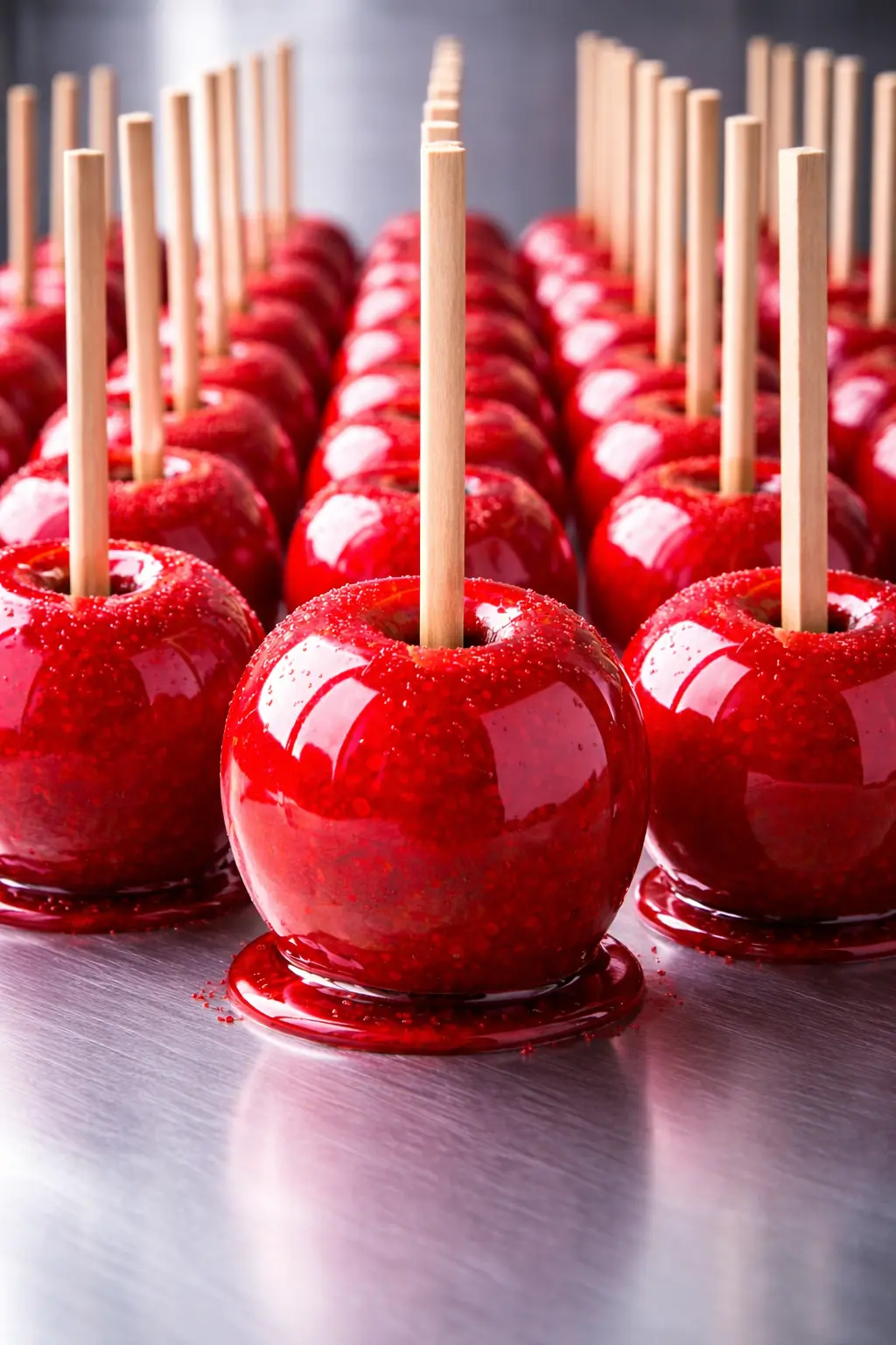 תפוחים מסוכרים למכירה — תפוח אדום מתוק על מקל בציפוי סוכר מבריק